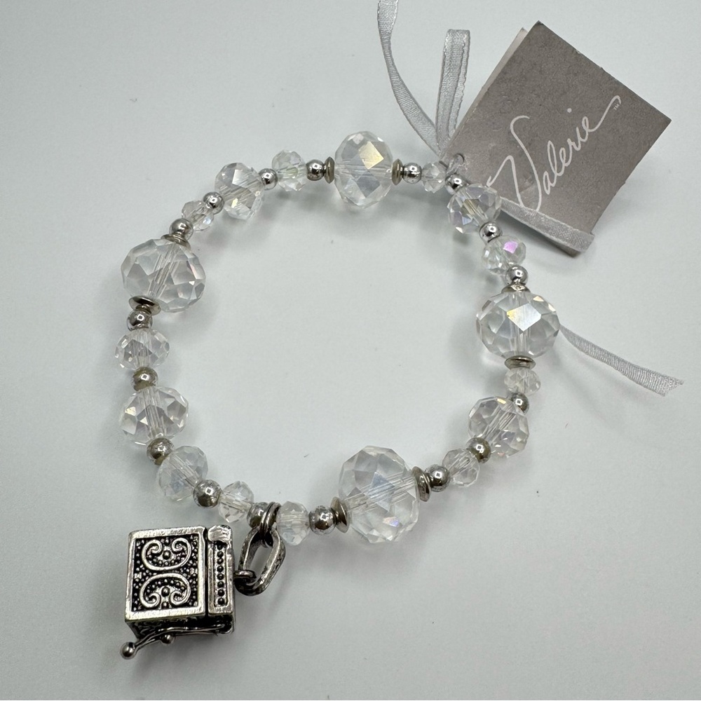 Valerie Style Clear Crystal Stretch Bracelet w/ Silver Tone Secret Box Charm